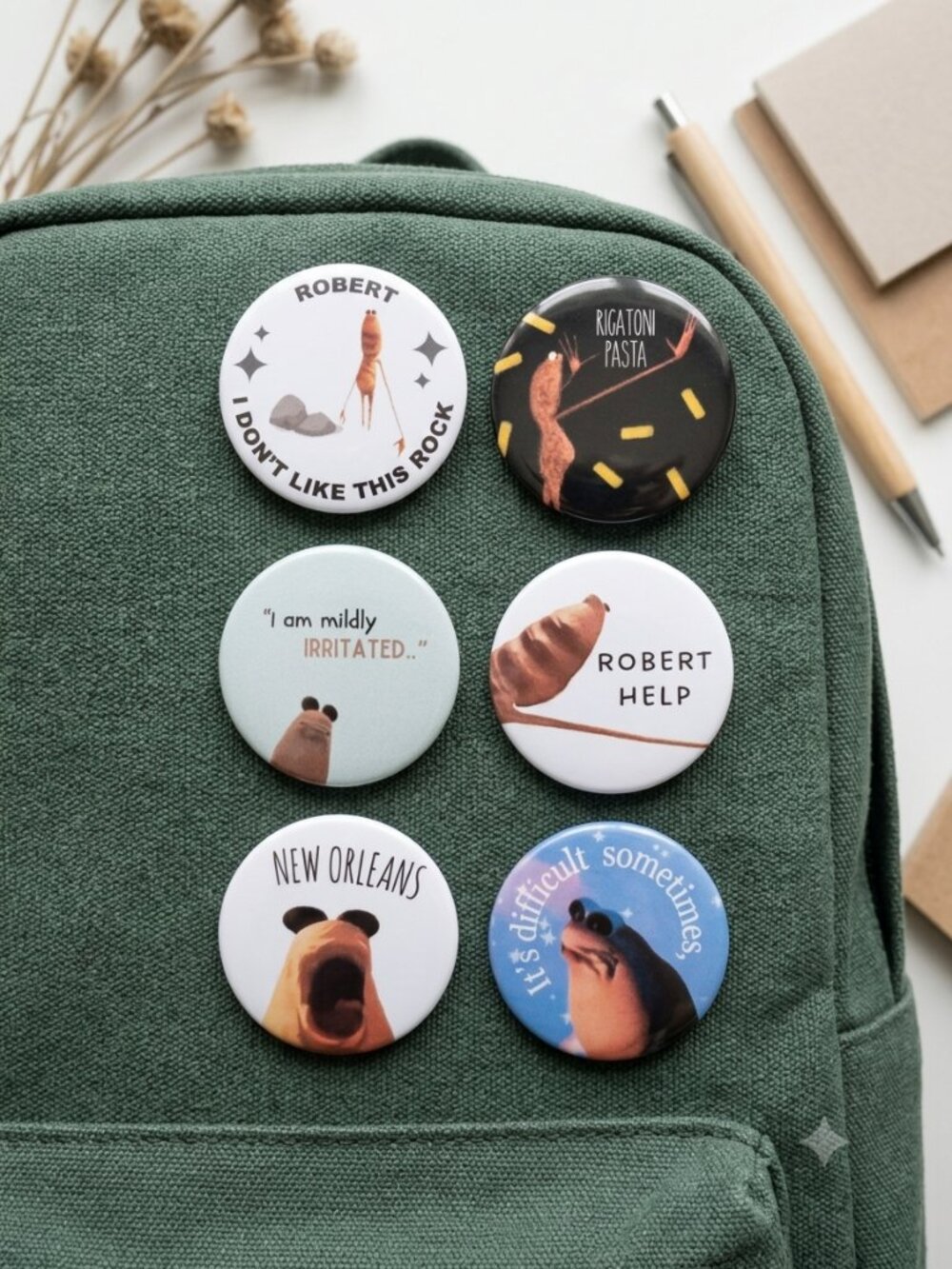 Marcus the Worm Pin Set of 6 | 1.25 Inch Button Pins | Funny Meme Quotes | VR Ch